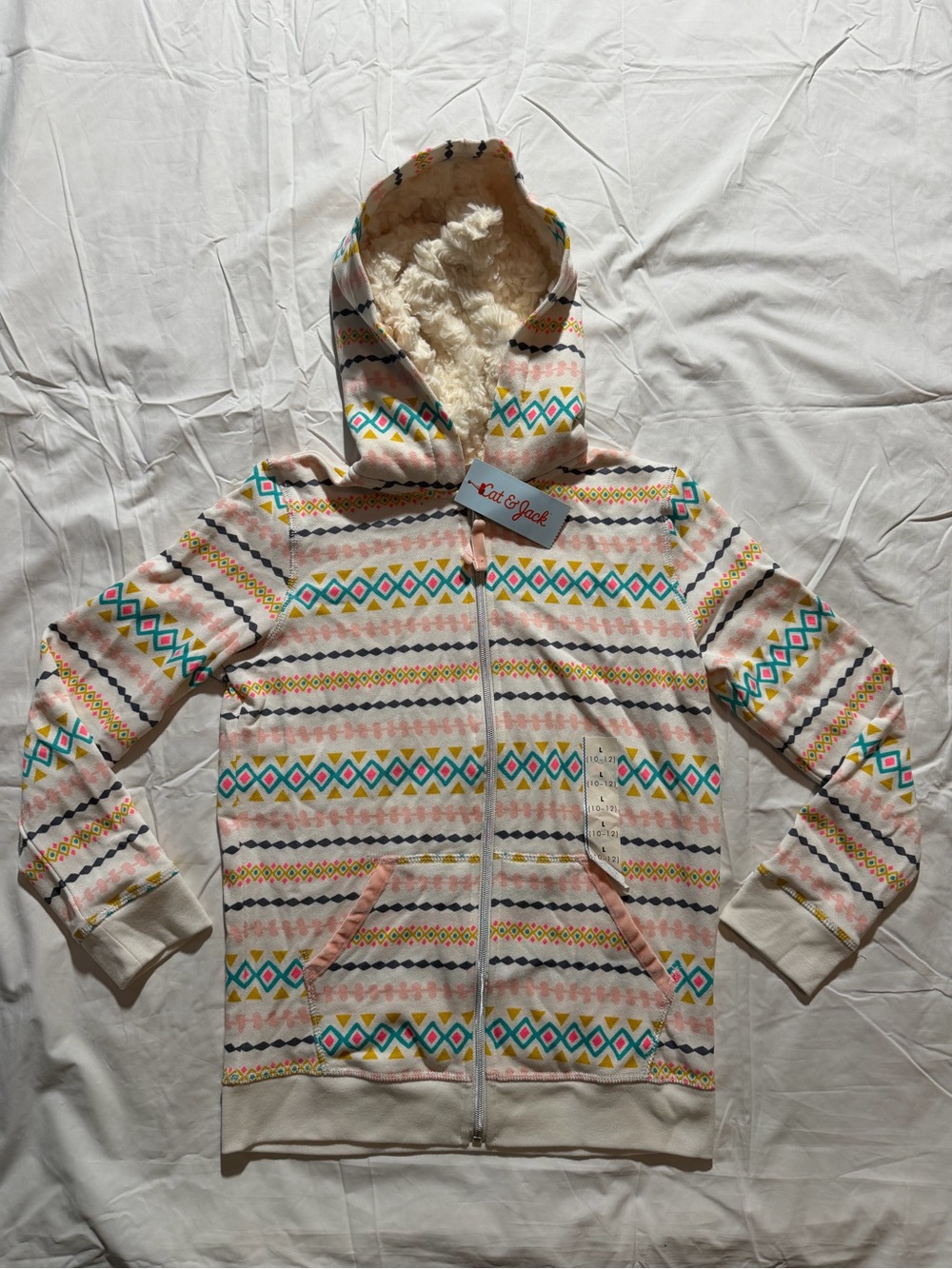 Cat & Jack Girls Sherpa-Lined Zip Hoodie Fair Isle Cream L (10/12)